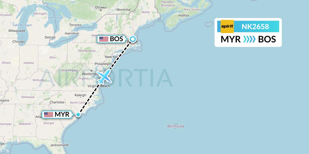 NK2658 Spirit Airlines Flight Map: Myrtle Beach to Boston