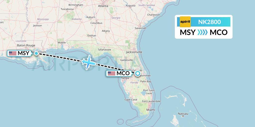 NK2800 Spirit Airlines Flight Map: New Orleans to Orlando