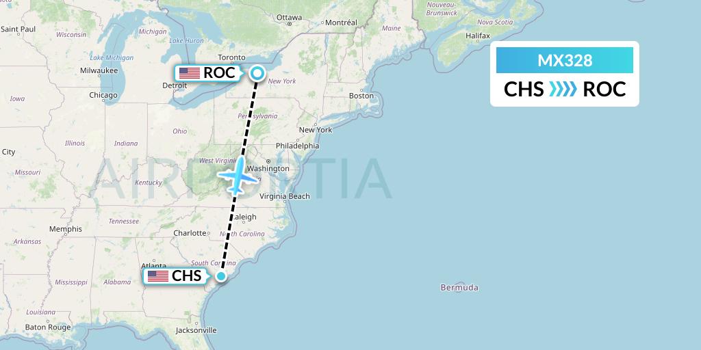 MX328 Breeze Airways Flight Map: Charleston to Rochester