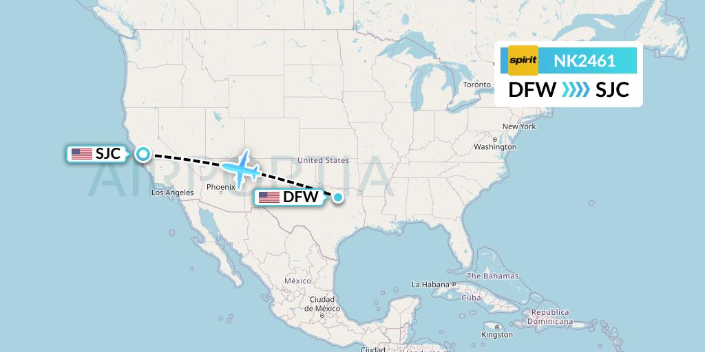 NK2461 Spirit Airlines Flight Map: Dallas to San Jose