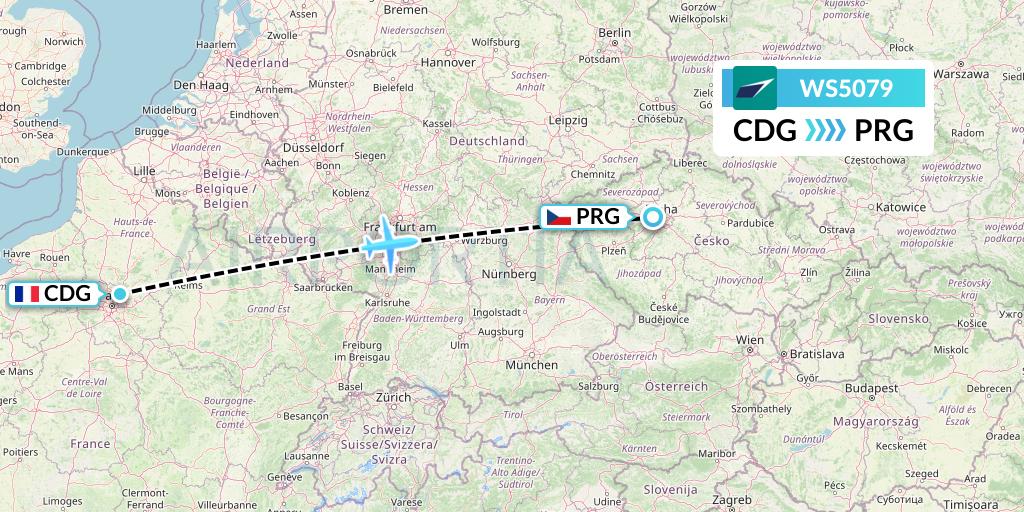 WS5079 WestJet Flight Map: Paris to Prague