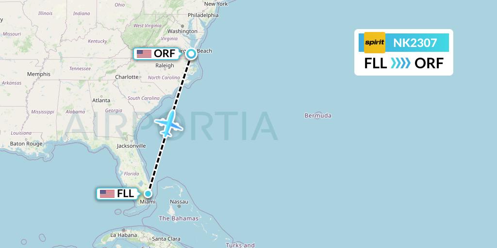 NK2307 Spirit Airlines Flight Map: Fort Lauderdale to Norfolk
