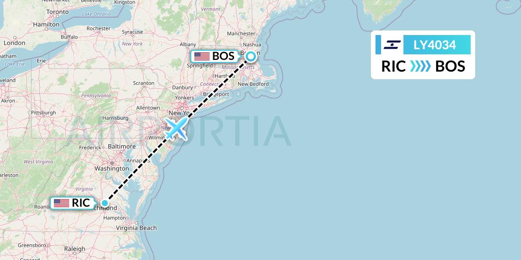 LY4034 El Al Flight Map: Richmond to Boston