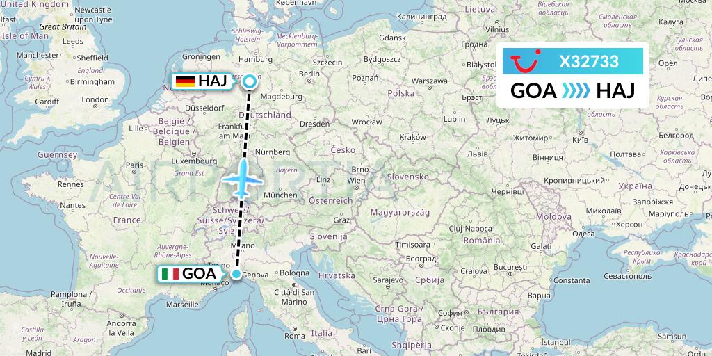 X32733 TUI fly Germany Flight Map: Genoa to Hannover
