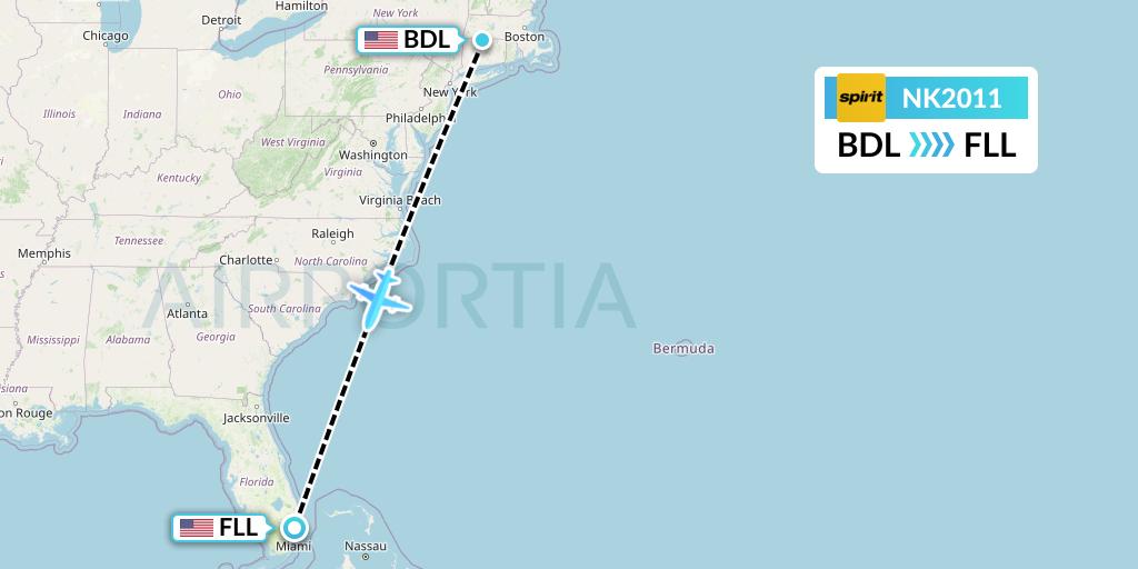 NK2011 Spirit Airlines Flight Map: Windsor Locks to Fort Lauderdale