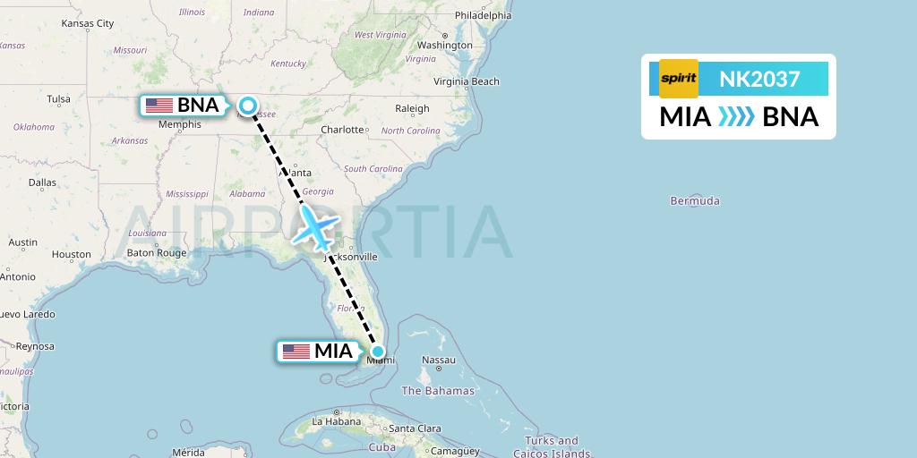 NK2037 Spirit Airlines Flight Map: Miami to Nashville