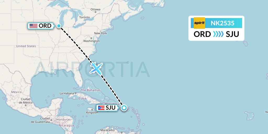 NK2535 Spirit Airlines Flight Map: Chicago to San Juan