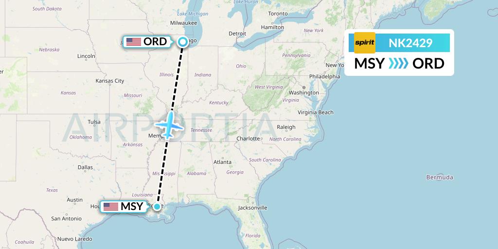 NK2429 Spirit Airlines Flight Map: New Orleans to Chicago