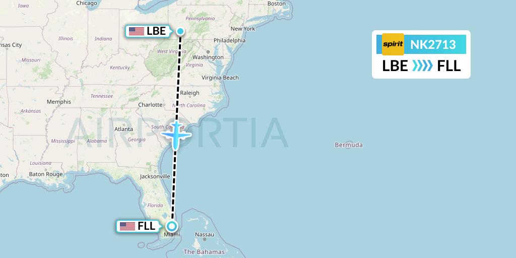 NK2713 Spirit Airlines Flight Map: Latrobe to Fort Lauderdale