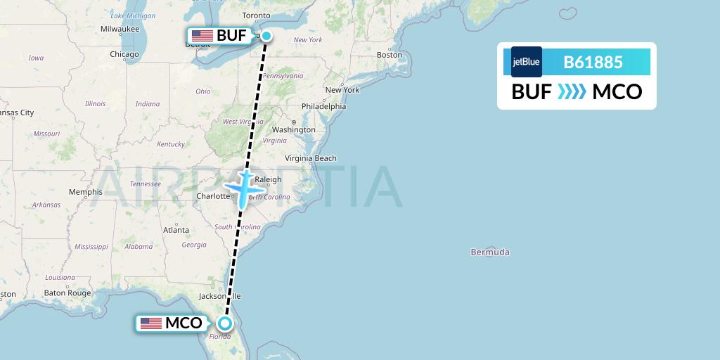 B61885 JetBlue Airways Flight Map: Buffalo to Orlando