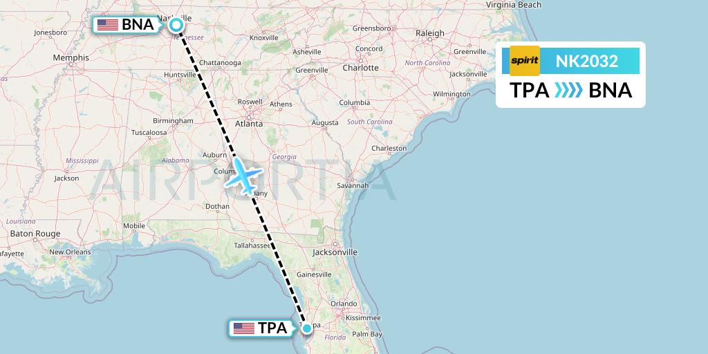 NK2032 Spirit Airlines Flight Map: Tampa to Nashville