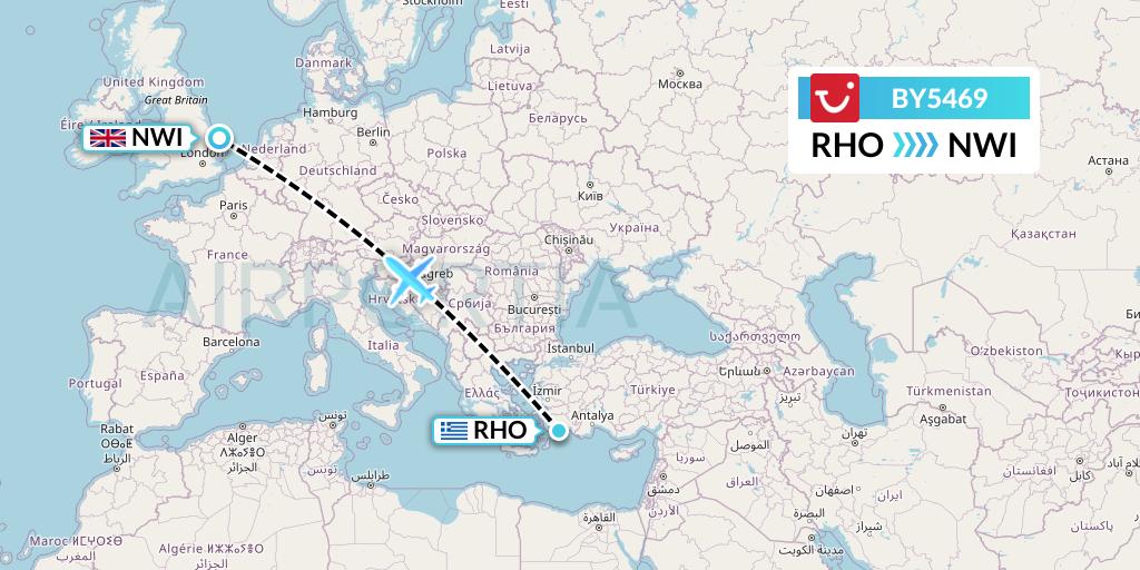 BY5469 TUI Airways Flight Map: Rhodes to Norwich