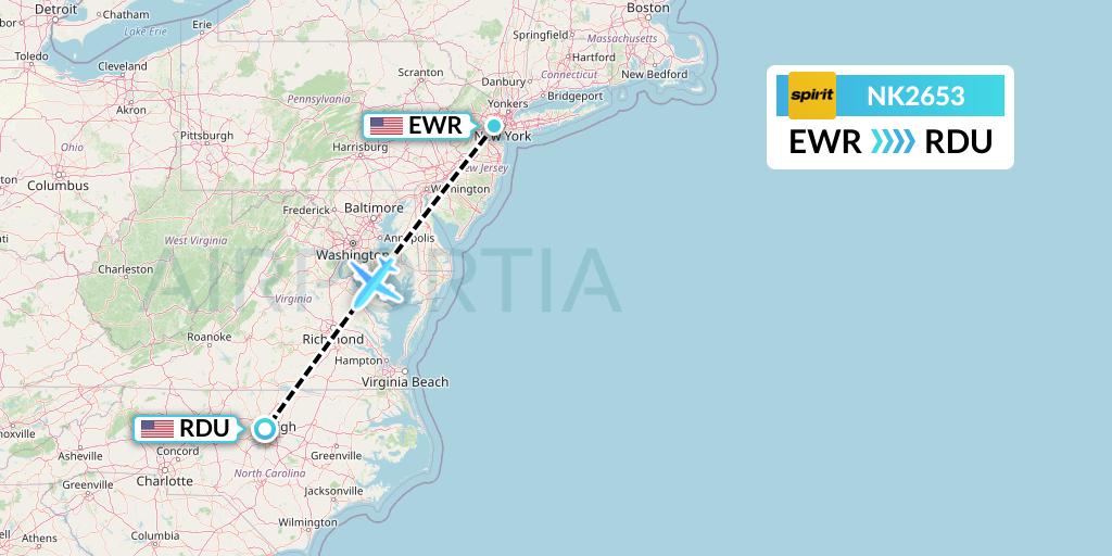 NK2653 Spirit Airlines Flight Map: New York to Raleigh-Durham
