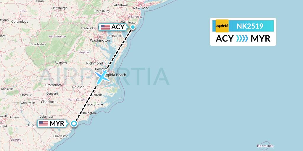NK2519 Spirit Airlines Flight Map: Atlantic City to Myrtle Beach