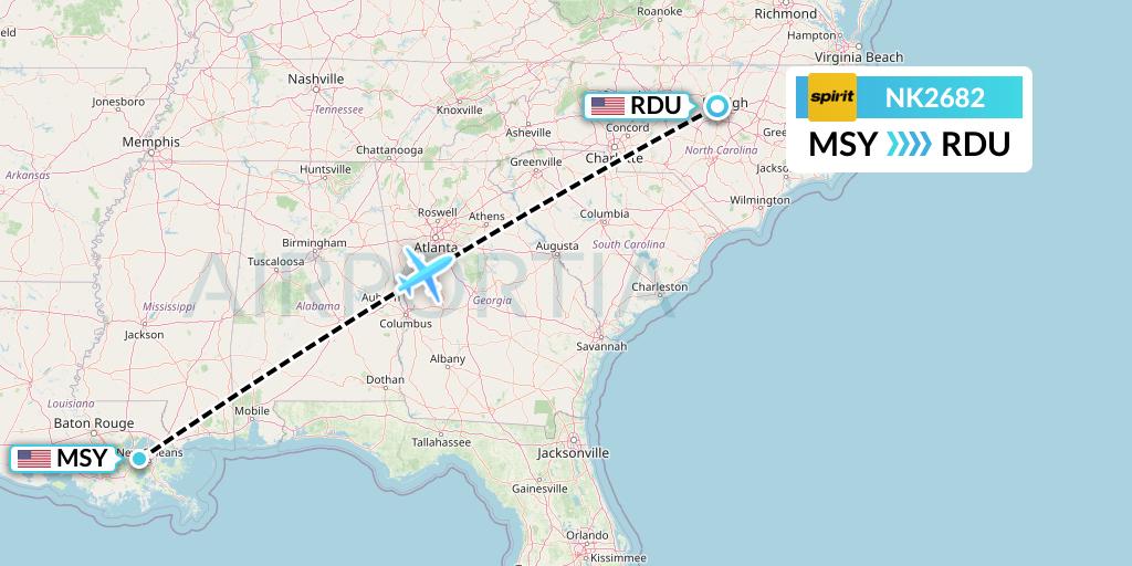 NK2682 Spirit Airlines Flight Map: New Orleans to Raleigh-Durham
