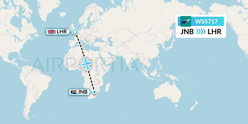 WS5717 WestJet Flight Map: Johannesburg to London