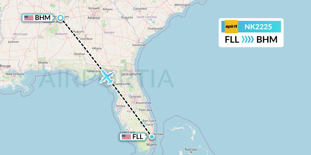 NK2225 Spirit Airlines Flight Map: Fort Lauderdale to Birmingham