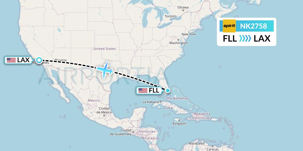 NK2758 Spirit Airlines Flight Map: Fort Lauderdale to Los Angeles