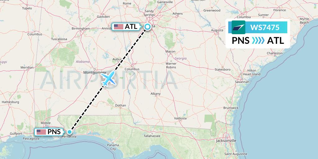 WS7475 WestJet Flight Map: Pensacola to Atlanta
