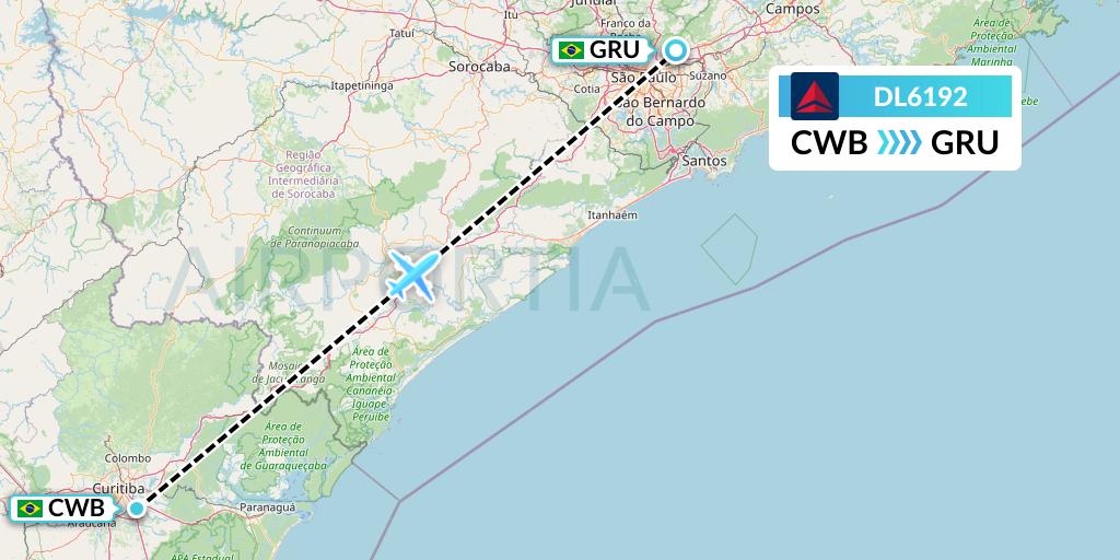 DL6192 Delta Air Lines Flight Map: Curitiba to Sao Paulo