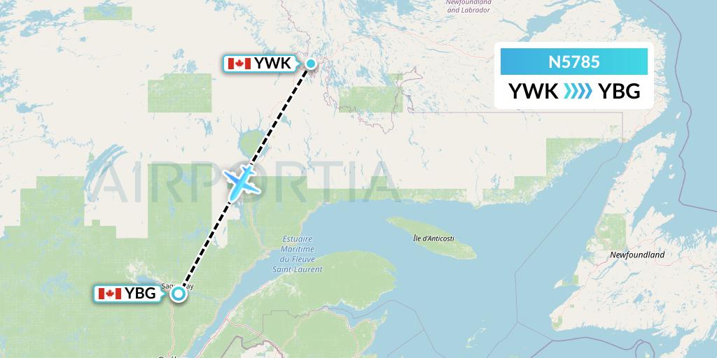 N5785 Nolinor Aviation Flight Map: Wabush to Saguenay