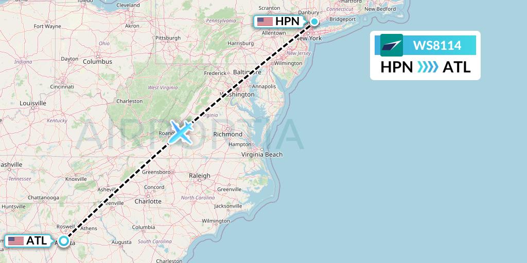 WS8114 WestJet Flight Map: White Plains to Atlanta