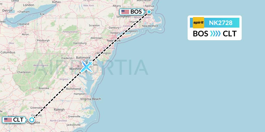 NK2728 Spirit Airlines Flight Map: Boston to Charlotte