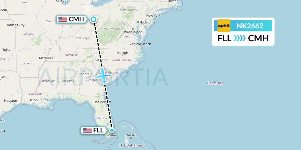 NK2662 Spirit Airlines Flight Map: Fort Lauderdale to Columbus