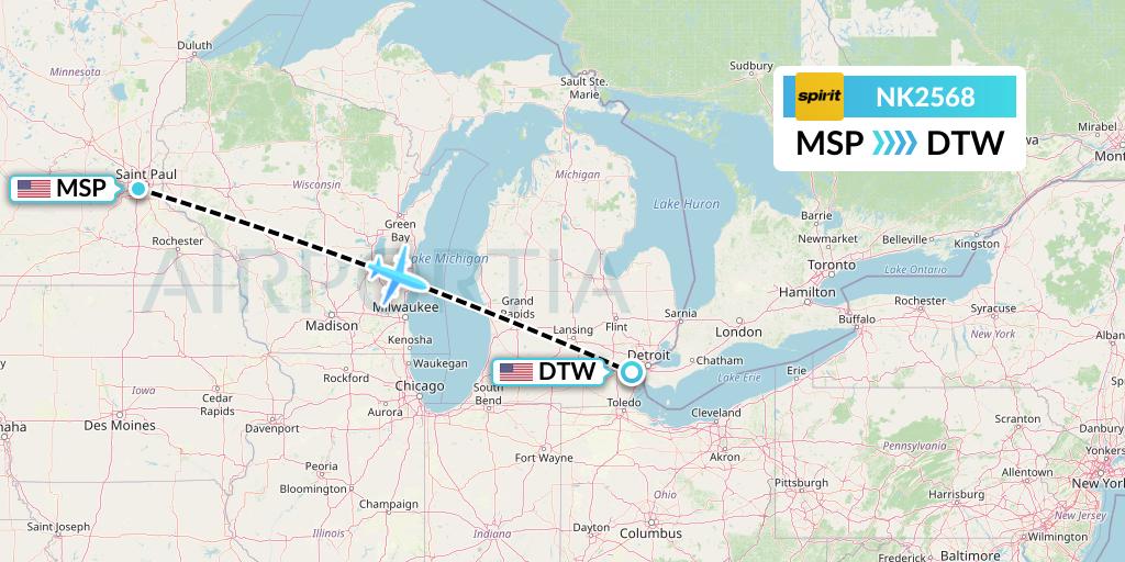 NK2568 Spirit Airlines Flight Map: Minneapolis to Detroit
