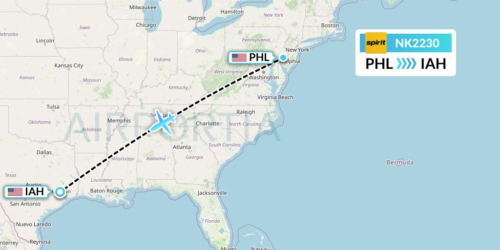 NK2230 Spirit Airlines Flight Map: Philadelphia to Houston