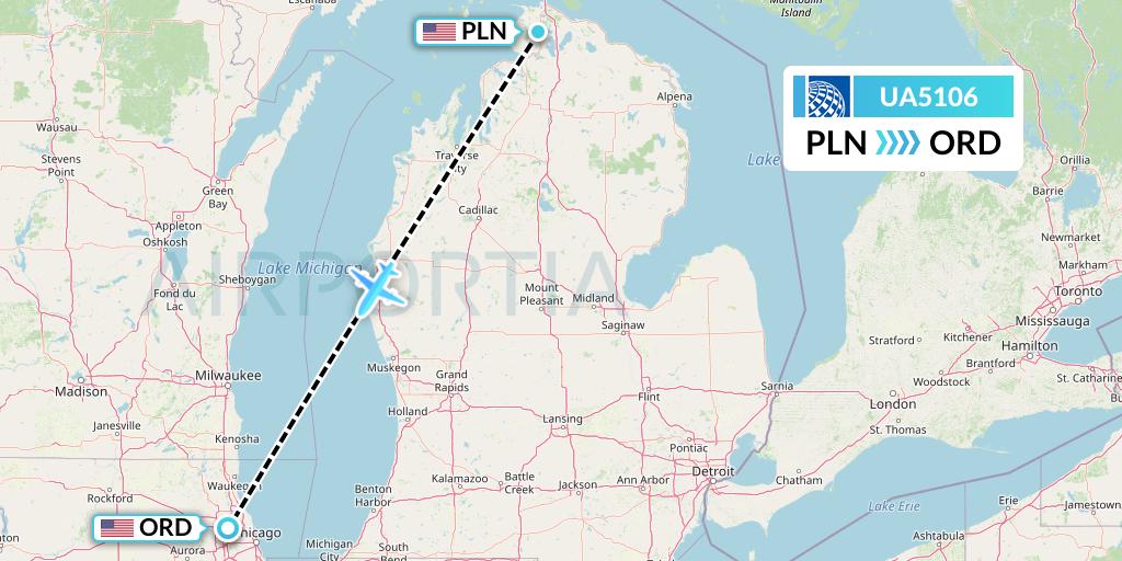 UA5106 United Airlines Flight Map: Pellston to Chicago