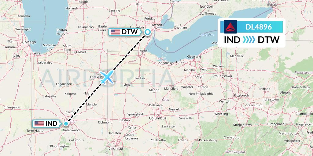 DL4896 Delta Air Lines Flight Map: Indianapolis to Detroit