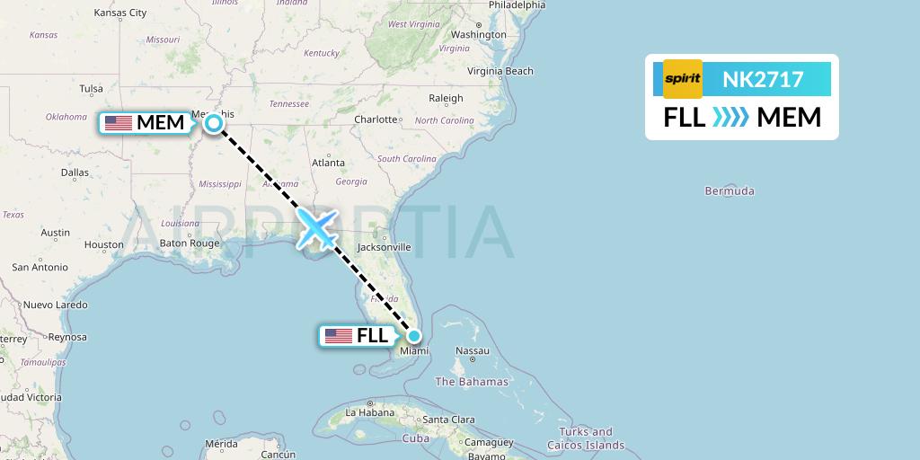 NK2717 Spirit Airlines Flight Map: Fort Lauderdale to Memphis