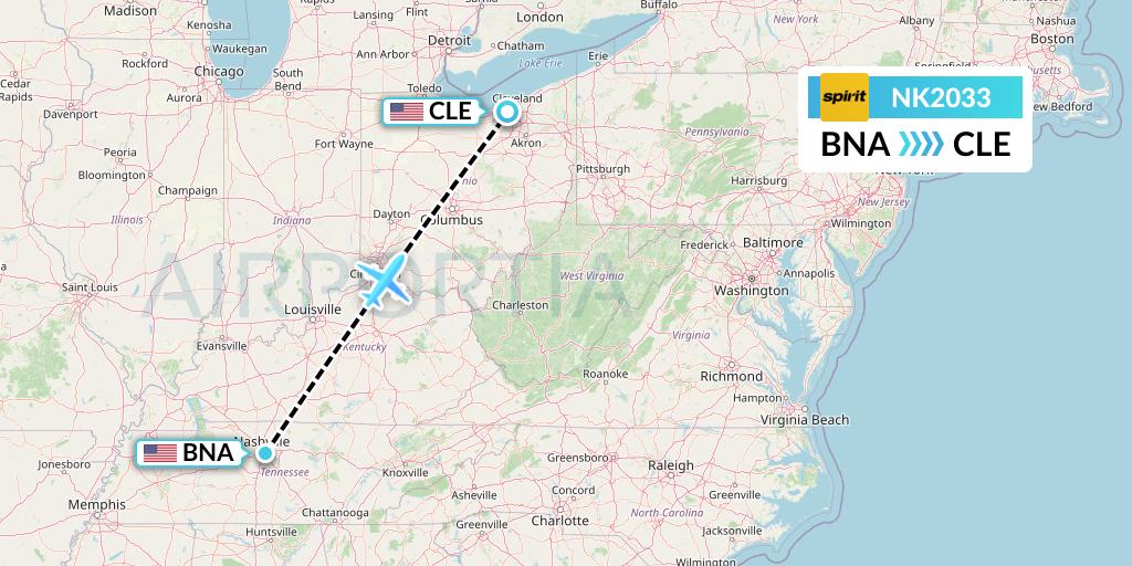 NK2033 Spirit Airlines Flight Map: Nashville to Cleveland