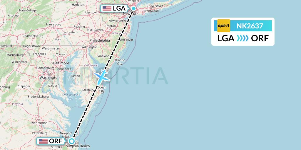 NK2637 Spirit Airlines Flight Map: New York to Norfolk