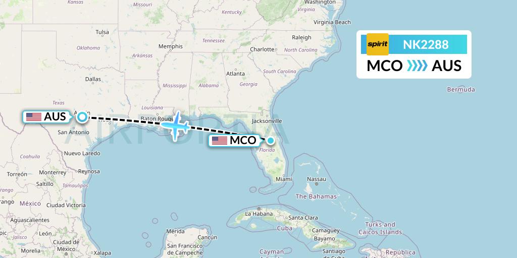 NK2288 Spirit Airlines Flight Map: Orlando to Austin