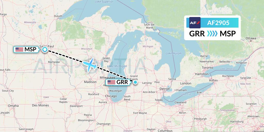 AF2905 Air France Flight Map: Grand Rapids to Minneapolis