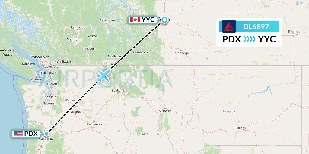 DL6897 Delta Air Lines Flight Map: Portland to Calgary