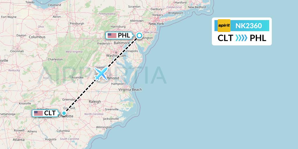 NK2360 Spirit Airlines Flight Map: Charlotte to Philadelphia