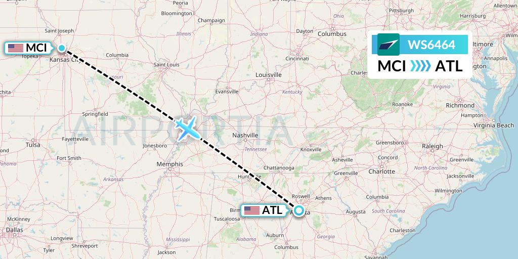 WS6464 WestJet Flight Map: Kansas City to Atlanta