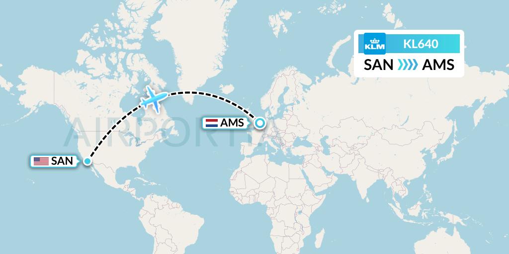 KL640 KLM Flight Map: San Diego to Amsterdam