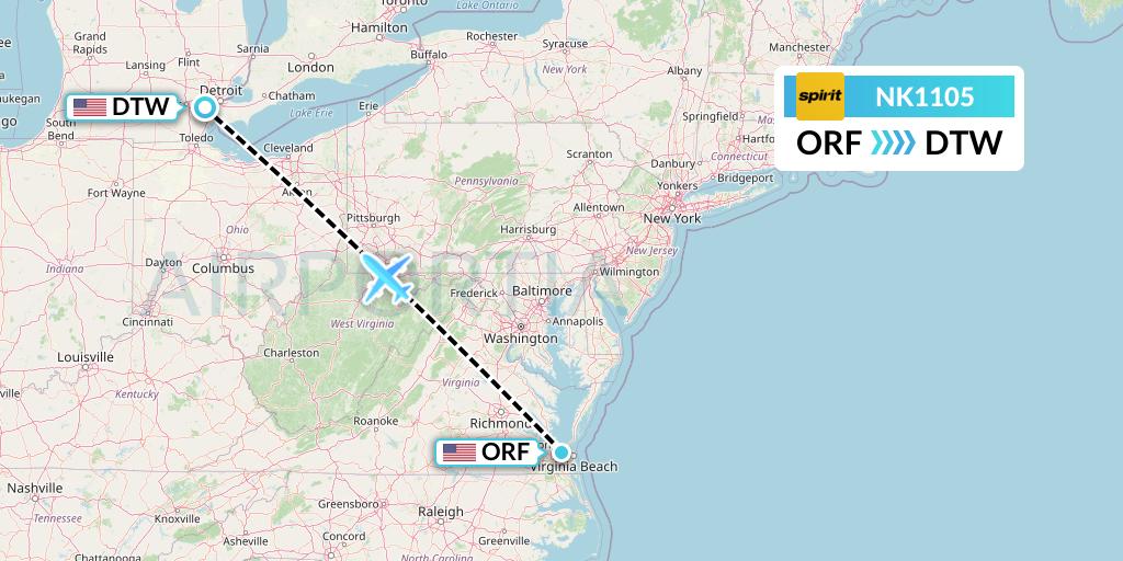 NK1105 Spirit Airlines Flight Map: Norfolk to Detroit