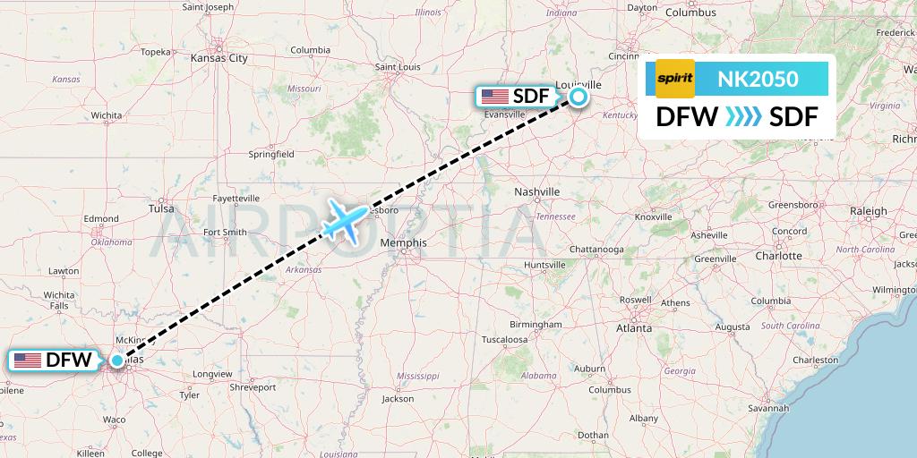 NK2050 Spirit Airlines Flight Map: Dallas to Louisville