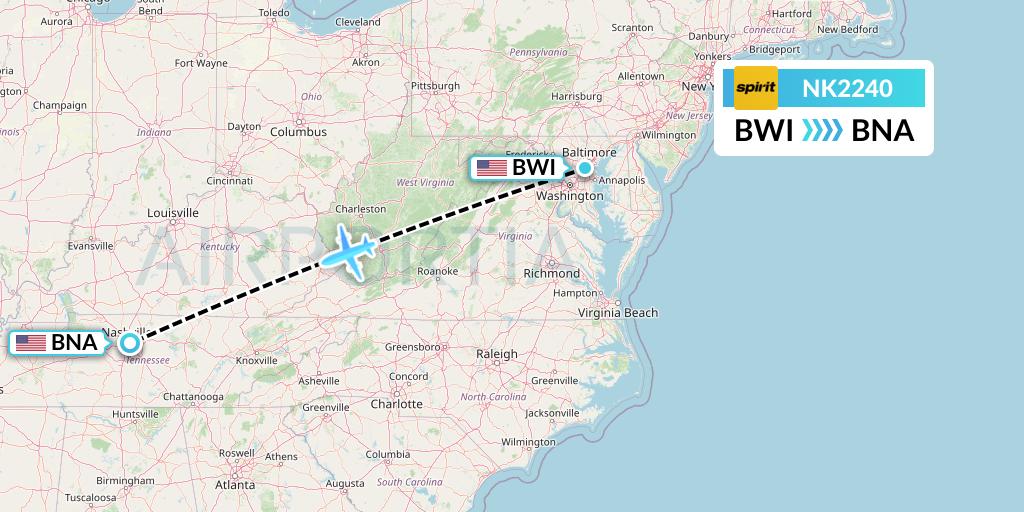 NK2240 Spirit Airlines Flight Map: Baltimore to Nashville