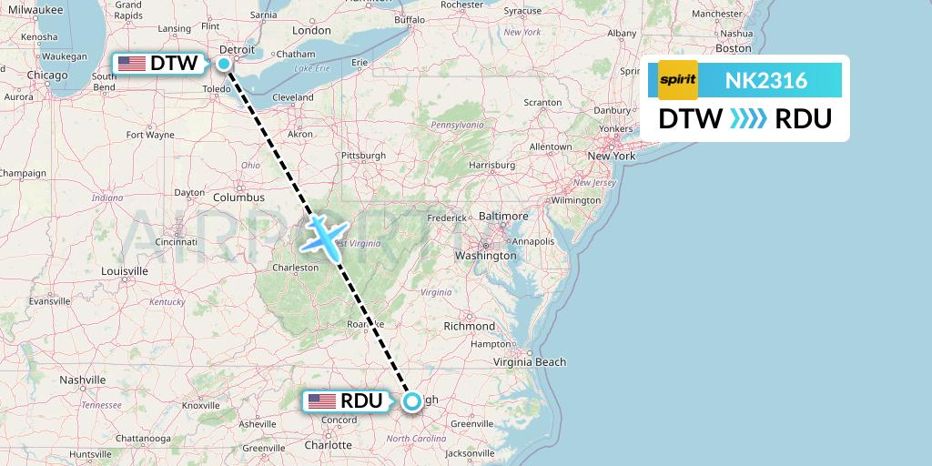 NK2316 Spirit Airlines Flight Map: Detroit to Raleigh-Durham