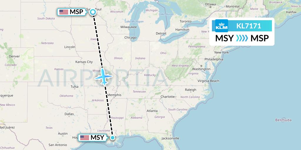 KL7171 KLM Flight Map: New Orleans to Minneapolis