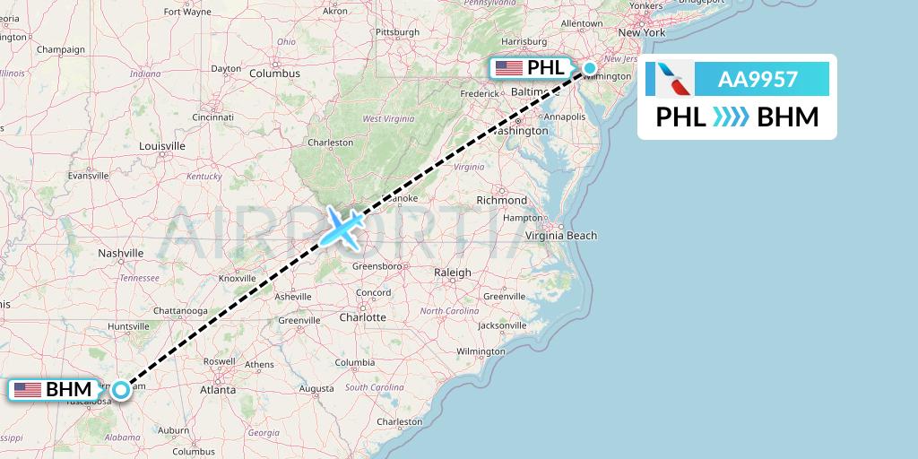 AA9957 American Airlines Flight Map: Philadelphia to Birmingham