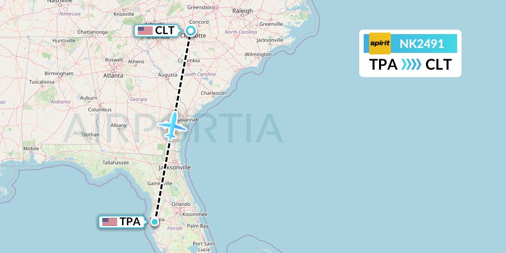 NK2491 Spirit Airlines Flight Map: Tampa to Charlotte