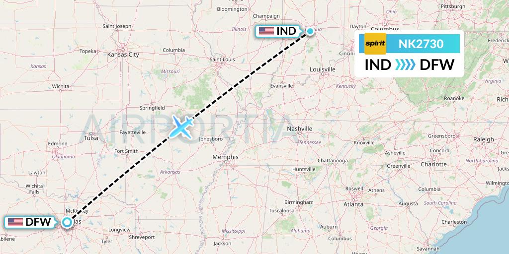 NK2730 Spirit Airlines Flight Map: Indianapolis to Dallas