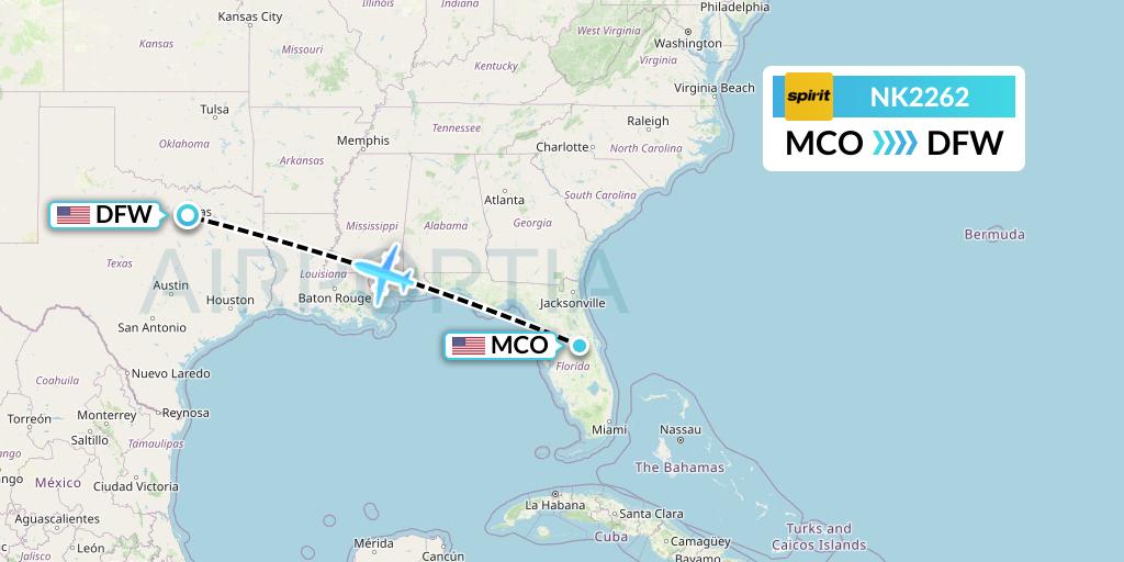 NK2262 Spirit Airlines Flight Map: Orlando to Dallas